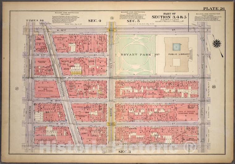 Historic 1920 Map - Plate 26, Part Of Sections 3,4&5: [Bounded By W. 42Nd Street, Fi - Vintage Wall Art, V2
