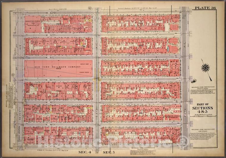 Historic 1920 Map - Plate 36, Part Of Sections 4&5: [Bounded By W. 53Rd Street, Fift - Vintage Wall Art, V2
