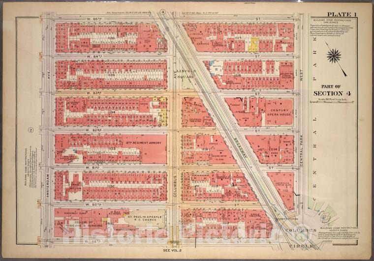 Historic 1921 Map - Plate 1, Part Of Section 4: [Bounded By W. 65Th Street, Central - Vintage Wall Art