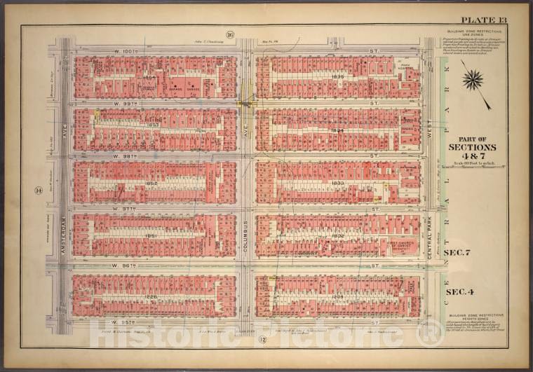 Historic 1921 Map - Plate 13, Part Of Sections 4&7: [Bounded By W. 100Th Street, Cen - Vintage Wall Art
