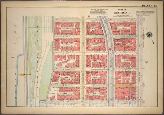 Historic 1921 Map - Plate 15, Part Of Section 7: [Bounded By W. 105Th Street, Amster - Vintage Wall Art