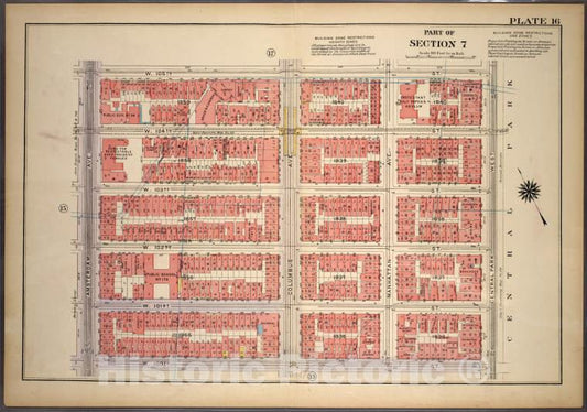 Historic 1921 Map - Plate 16, Part Of Section 7: [Bounded By W. 105Th Street, Centra - Vintage Wall Art