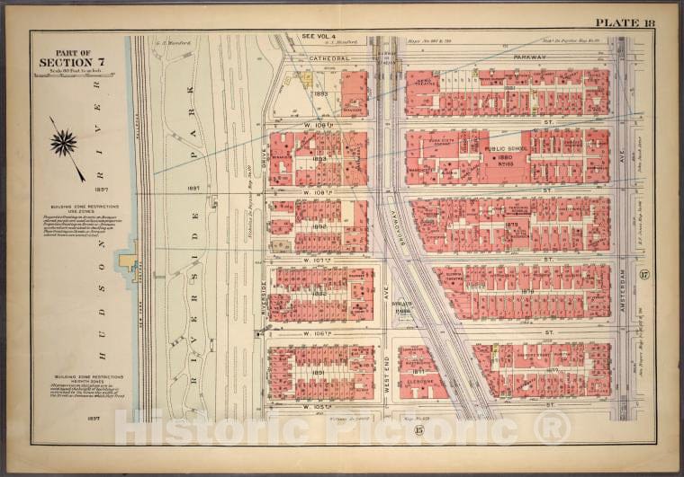 Historic 1921 Map - Plate 18, Part Of Section 7: [Bounded By Cathedral Parkway, Amst - Vintage Wall Art