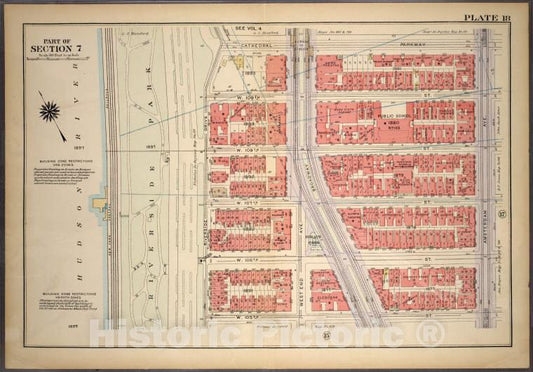 Historic 1921 Map - Plate 18, Part Of Section 7: [Bounded By Cathedral Parkway, Amst - Vintage Wall Art
