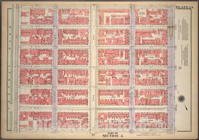 Historic 1921 Map - Plate 24, Part Of Section 5: [Bounded By E. 77Th Street, Third A - Vintage Wall Art