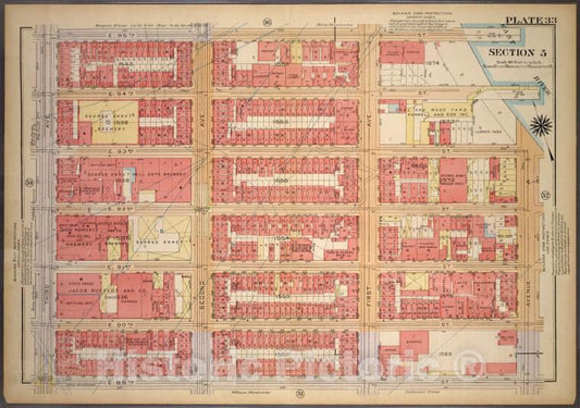 Historic 1921 Map - Plate 33, Part Of Section 5: [Bounded By E. 95Th Street, First A - Vintage Wall Art