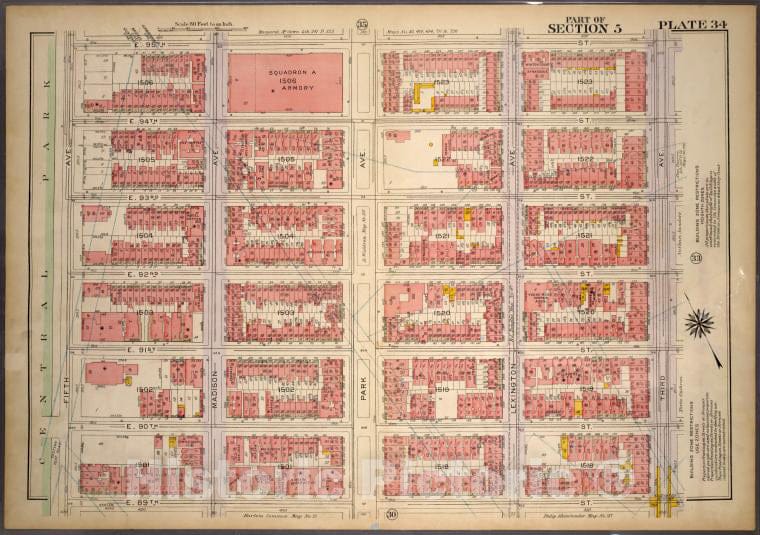 Historic 1921 Map - Plate 34, Part Of Section 5: [Bounded By E. 95Th Street, Third A - Vintage Wall Art