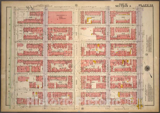 Historic 1921 Map - Plate 34, Part Of Section 5: [Bounded By E. 95Th Street, Third A - Vintage Wall Art