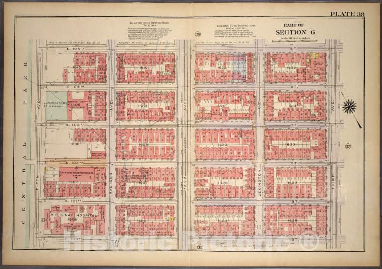 Historic 1921 Map - Plate 38, Part Of Section 6: [Bounded By E. 105Th Street, Third - Vintage Wall Art