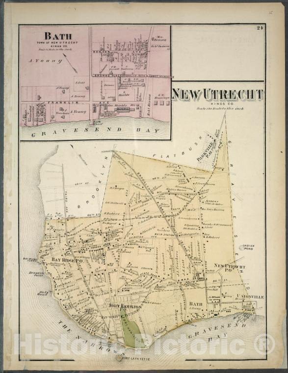 Historic 1873 Map - New Utrecht. Kings Co. - Bath, Town On New Utrecht, Kings Co. - Vintage Wall Art