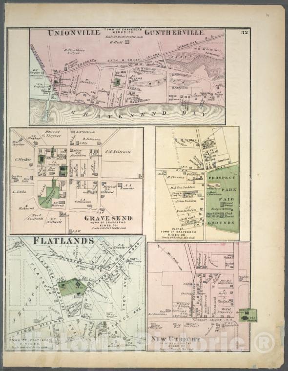 Historic 1873 Map - Unionville Guntherville, Town Of Gravesend, Kings Co. - Gravesen - Vintage Wall Art