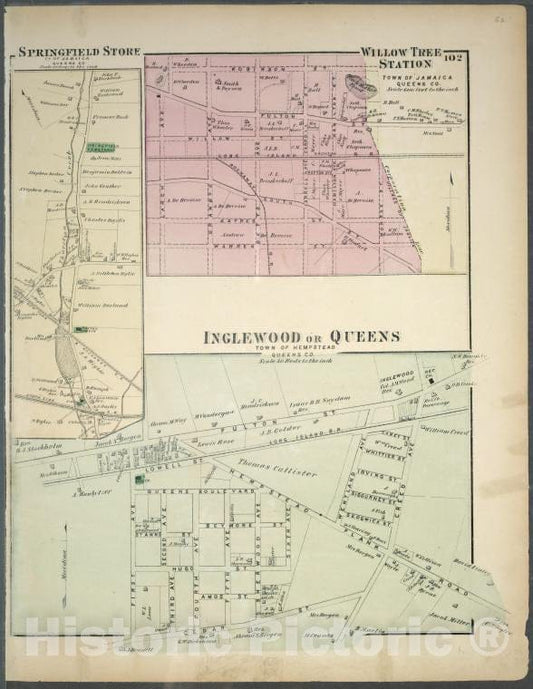 Historic 1873 Map - Springfield Store. Tn. Of Jamaica, Queens Co. - Willow Tree Stat - Vintage Wall Art