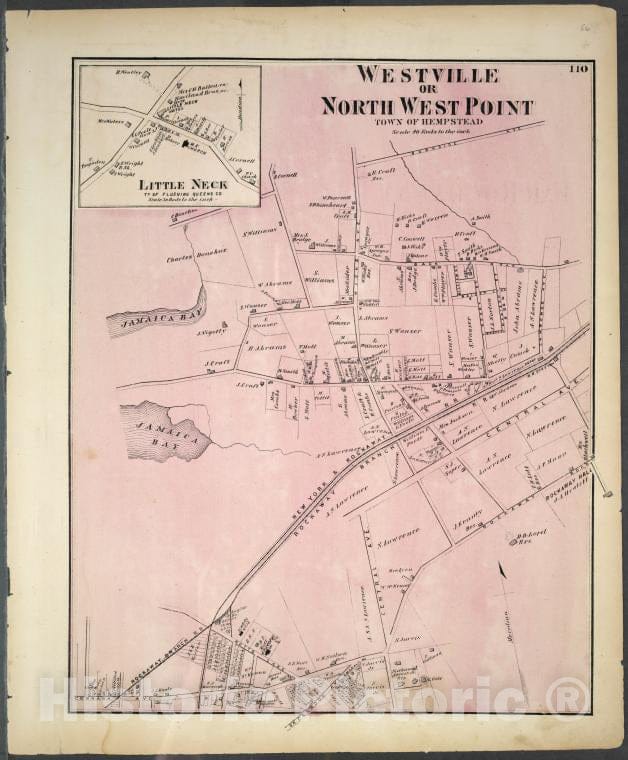 Historic 1873 Map - Westville Or North West Point, Town Of Hempstead. - Little Neck, Vintage Wall Art