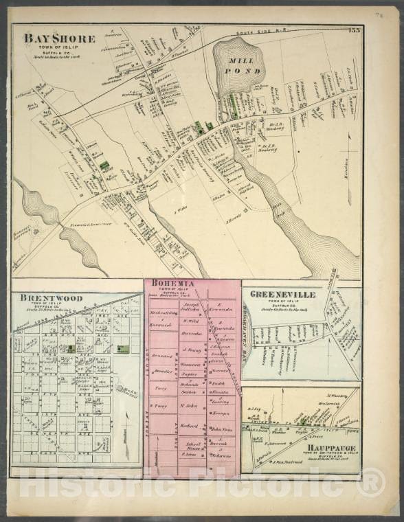 Historic 1873 Map - Bayshore, Town Of Islip, Suffolk Co. - Brentwood, Town Of Islip, Vintage Wall Art