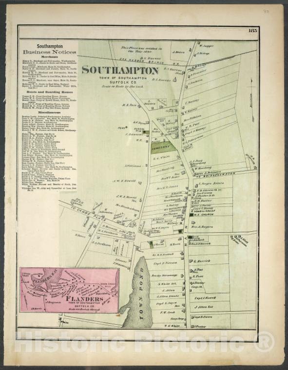 Historic 1873 Map - Southampton, Town Of Southampton, Suffolk Co. - Flanders, Town O - Vintage Wall Art