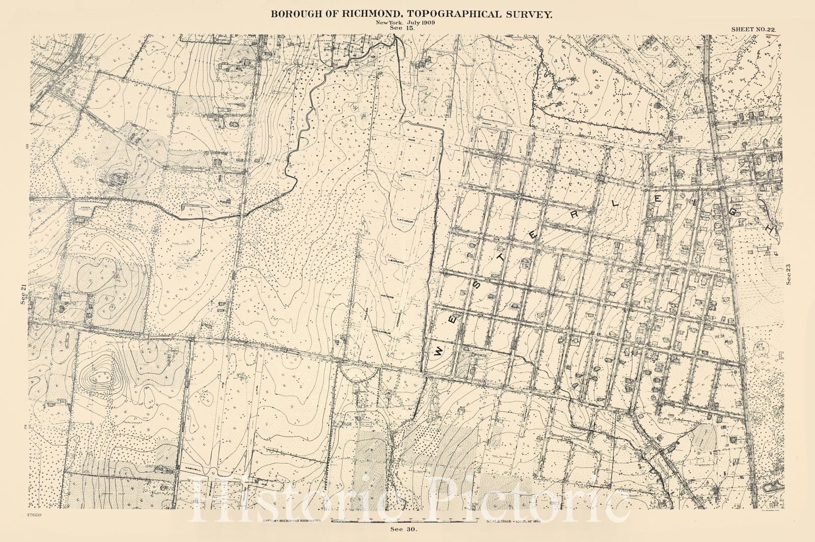 Historic Map - 1906 New York, N.Y. Richmond, Sheet No. 22. [Includes Westerleigh From Indiana Avenue To Watchogue Avenue, And From Brook Avenue To Jewett Avenue.] - Vintage Wall Art
