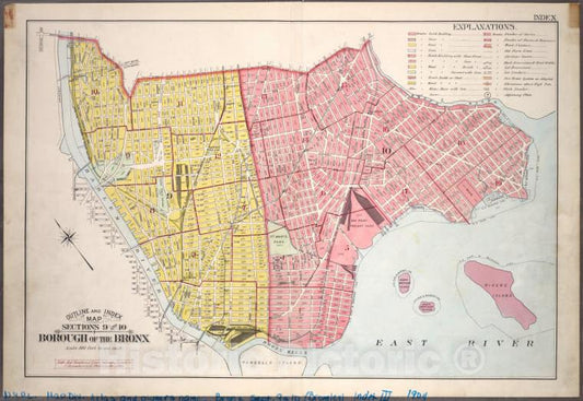 Historic 1904 Map - Outline And Index Map, Sections 9 And 10, Borough Of The Bronx. - Vintage Wall Art