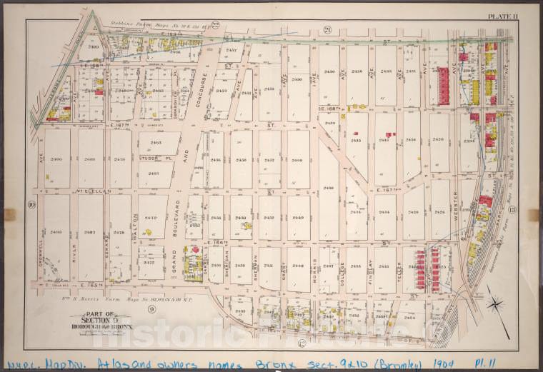 Historic 1904 Map - Plate 11: Part Of Section 9, Borough Of The Bronx. [Bounded By J - Vintage Wall Art