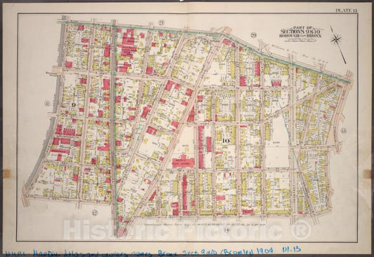 Historic 1904 Map - Plate 13: Part Of Sections 9&10, Borough Of The Bronx. [Bounded - Vintage Wall Art