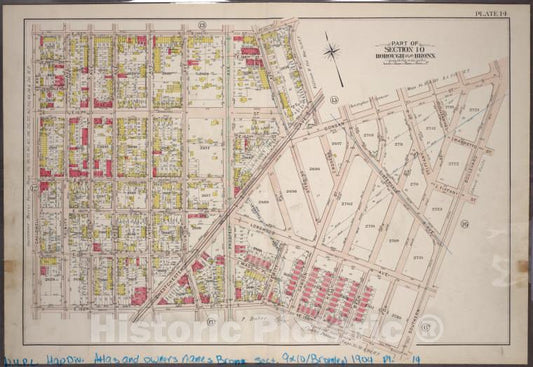 Historic 1904 Map - Plate 14: Part Of Section 10, Borough Of The Bronx. [Bounded By - Vintage Wall Art