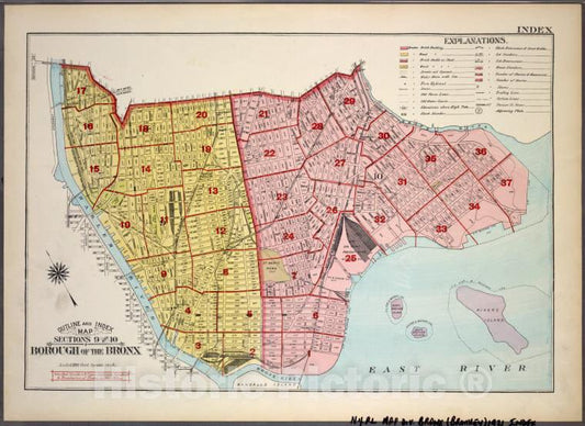 Historic 1921 Map - Outline & Index Map: Sections 9 And 10, Borough Of The Bronx. - Vintage Wall Art