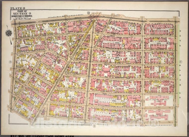 Historic 1921 Map - Plate 8, Part Of Section 9, Borough Of The Bronx. [Bounded By E. - Vintage Wall Art