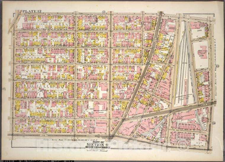 Historic 1921 Map - Plate 12, Part Of Section 9, Borough Of The Bronx. [Bounded By E - Vintage Wall Art