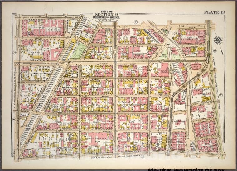 Historic 1921 Map - Plate 13, Part Of Section 9, Borough Of The Bronx. [Bounded By E - Vintage Wall Art