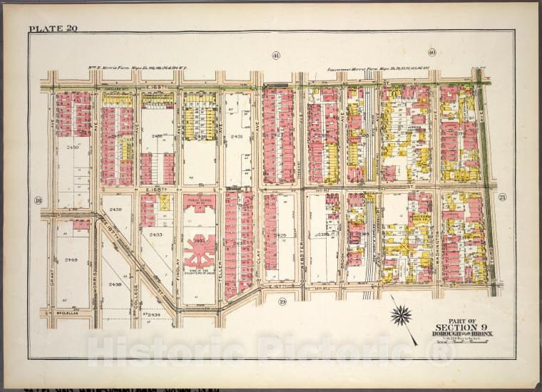 Historic 1921 Map - Plate 20, Part Of Section 9, Borough Of The Bronx. [Bounded By E - Vintage Wall Art
