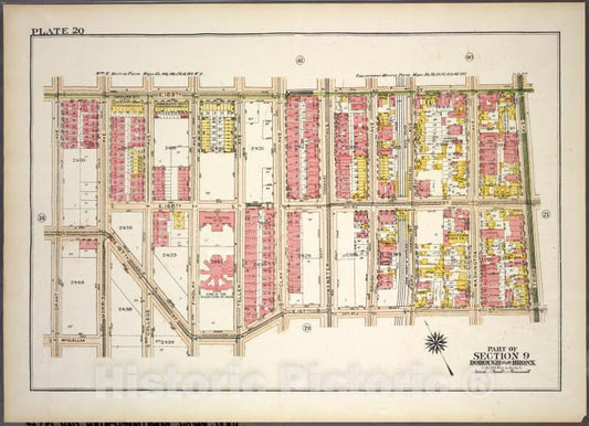 Historic 1921 Map - Plate 20, Part Of Section 9, Borough Of The Bronx. [Bounded By E - Vintage Wall Art