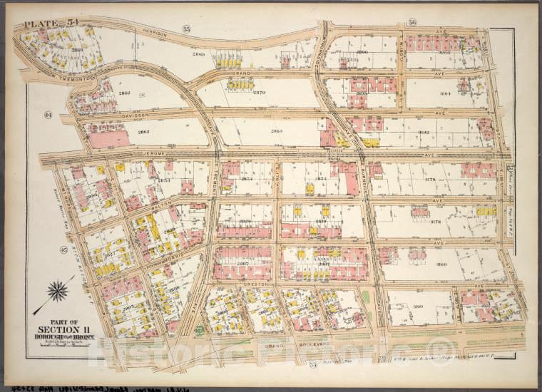 Historic 1921 Map - Plate 54, Part Of Section 11, Borough Of The Bronx. [Bounded By - Vintage Wall Art