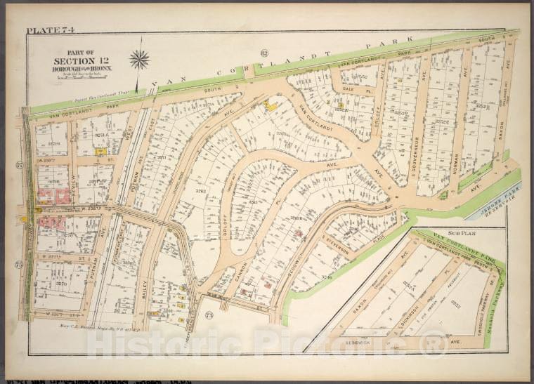 Historic 1921 Map - Plate 74, Part Of Section 12, Borough Of The Bronx. [Bounded By - Vintage Wall Art