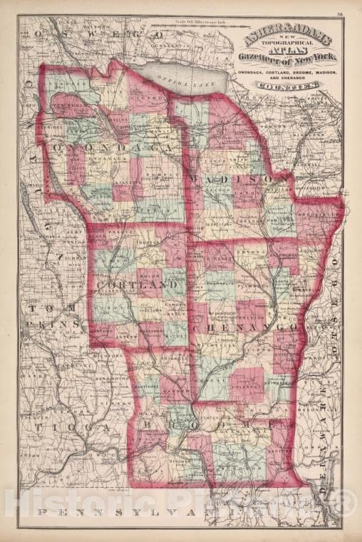 Historic 1871 Map -"Onondaga, Cortland, Broome, Madison, And Chenango Counties" - New York (State) - Vintage Wall Art