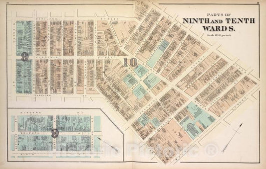 Historic 1872 Map - Parts Of Ninth And Tenth Wards. - Buffalo (N.Y.Atlas Of The City Of Buffalo, Erie Co, New York - Vintage Wall Art, V2