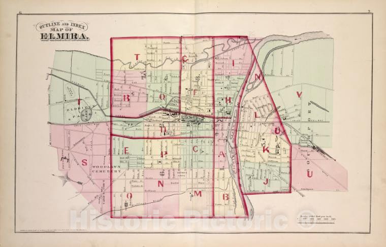 Historic 1876 Map - Outline And Index Map Of Elmira - Elmira (N.Y.City Atlas Of Elmira, New York - Vintage Wall Art