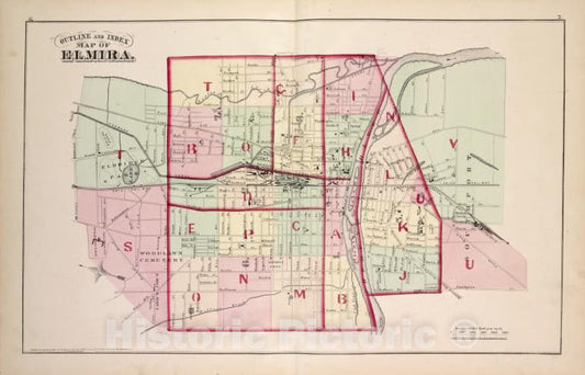 Historic 1876 Map - Outline And Index Map Of Elmira - Elmira (N.Y.City Atlas Of Elmira, New York - Vintage Wall Art