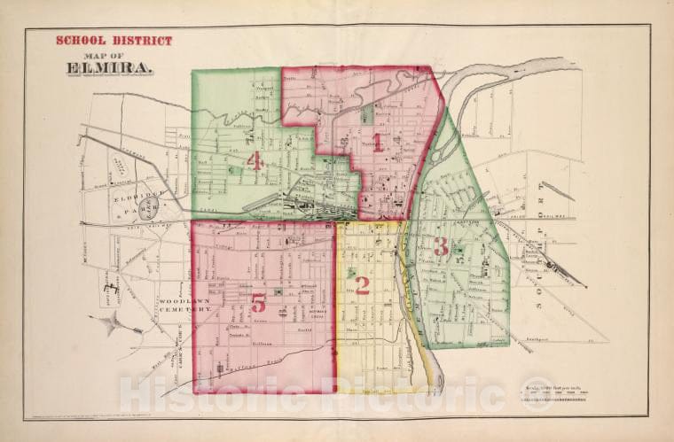 Historic 1876 Map - School District Map Of Elmira - Elmira (N.Y.City Atlas Of Elmira, New York - Vintage Wall Art