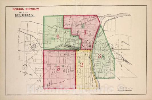 Historic 1876 Map - School District Map Of Elmira - Elmira (N.Y.City Atlas Of Elmira, New York - Vintage Wall Art