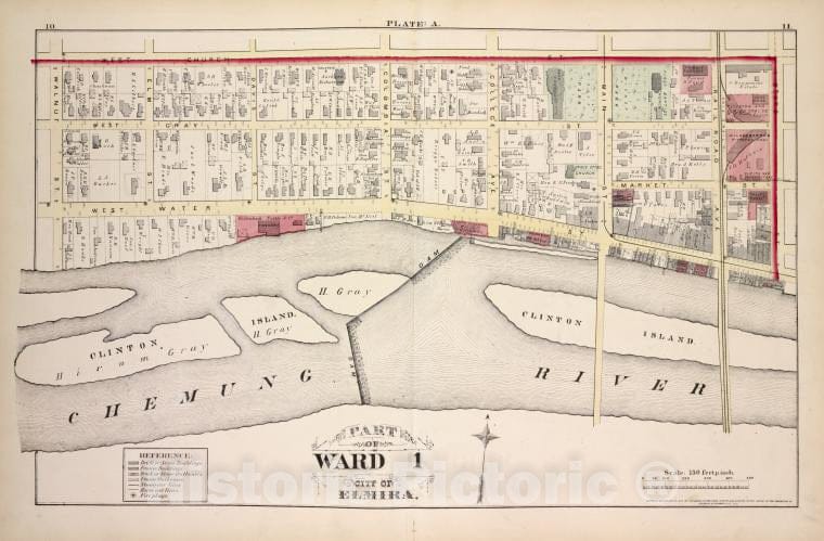 Historic 1876 Map - Part Of Ward 1 - Elmira (N.Y.City Atlas Of Elmira, New York - Vintage Wall Art