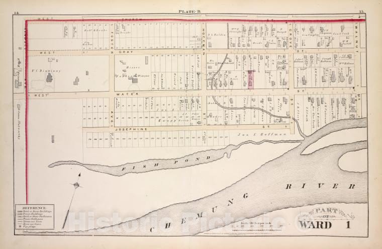 Historic 1876 Map - Part Of Ward 1 - Elmira (N.Y.City Atlas Of Elmira, New York - Vintage Wall Art, v2