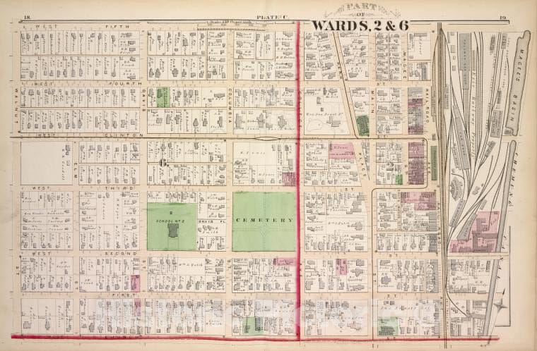 Historic 1876 Map - Part Of Wards, 2 & 6 - Elmira (N.Y.City Atlas Of Elmira, New York - Vintage Wall Art