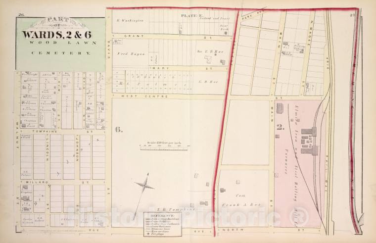 Historic 1876 Map - Part Of Wards, 2 & 6 - Elmira (N.Y.City Atlas Of Elmira, New York - Vintage Wall Art, V2
