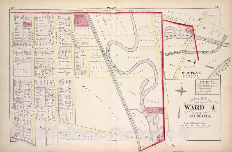 Historic 1876 Map - Part Of Ward 4 - Elmira (N.Y.City Atlas Of Elmira, New York - Vintage Wall Art, V2