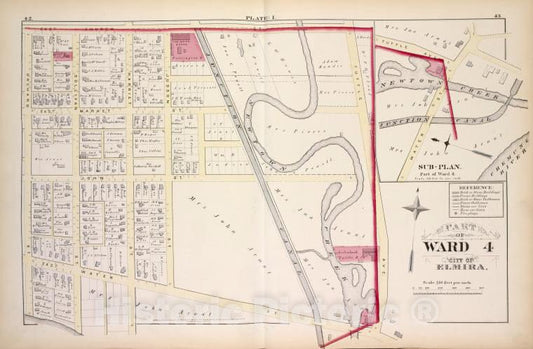 Historic 1876 Map - Part Of Ward 4 - Elmira (N.Y.City Atlas Of Elmira, New York - Vintage Wall Art, V2