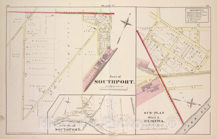 Historic 1876 Map - Part Of Southport; Sub-Plan To Southport; Sub-Plan To Ward 5 - Elmira (N.Y.City Atlas Of Elmira, New York - Vintage Wall Art