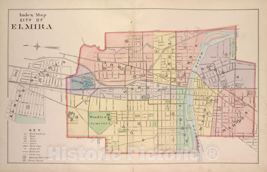 Historic 1896 Map - Index Map City Of Elmira - Elmira (N.Y.Atlas Of The City Of Elmira, New York - Vintage Wall Art