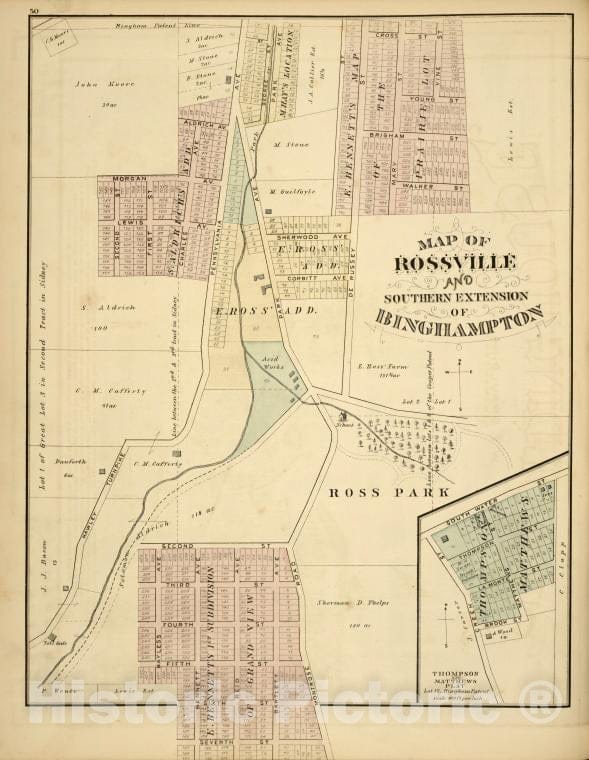 Historic Map - 1876 Broome County, New York (N.Y.), Map Of Rossville And Southern Extention Of Binghampton  - Vintage Wall Art