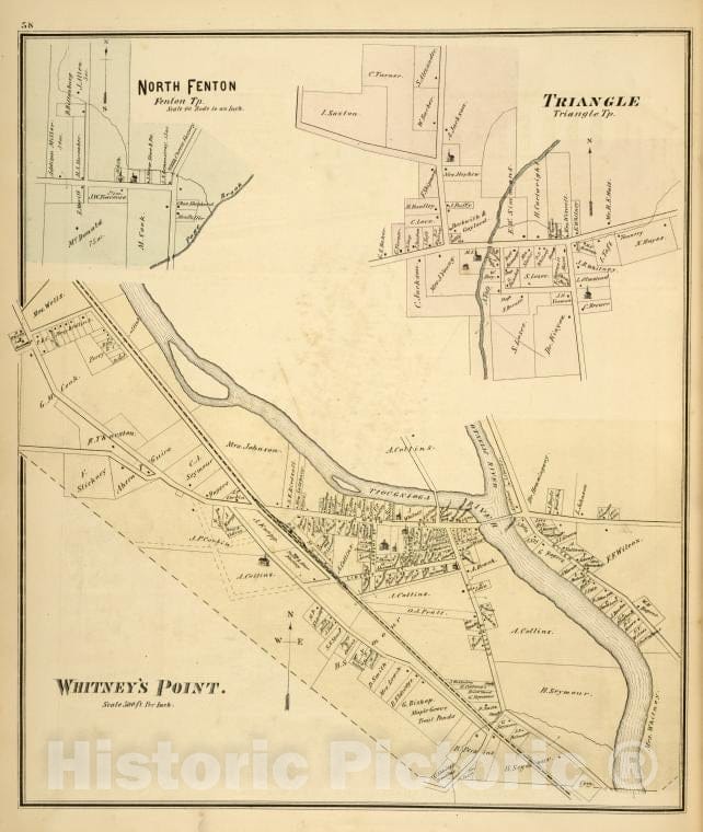 Historic Map - 1876 Broome County, New York (N.Y.), North Fenton, Fenton Tp; Triangle, Triangle Tp; Whitney'S Point. - Vintage Wall Art