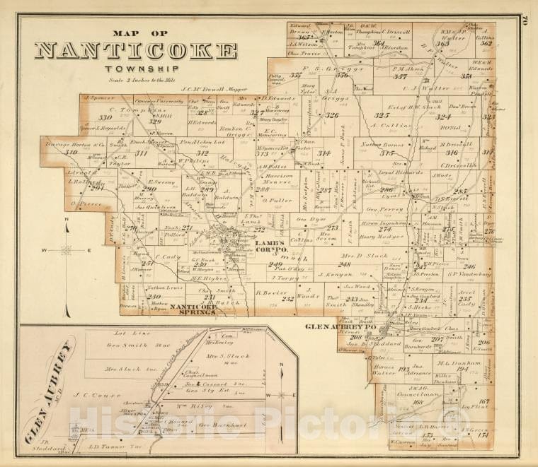 Historic Map - 1876 Broome County, New York (N.Y.), Map Of Nanticoke Township; Glen Aubrey[Village] - Vintage Wall Art