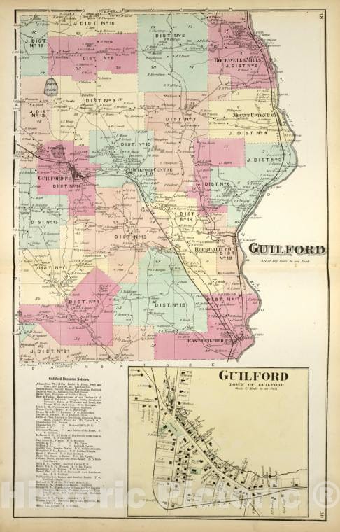 Historic 1875 Map - Guilford [Township]; Guilford Business Notices; Guilford [Villa - Vintage Wall Art
